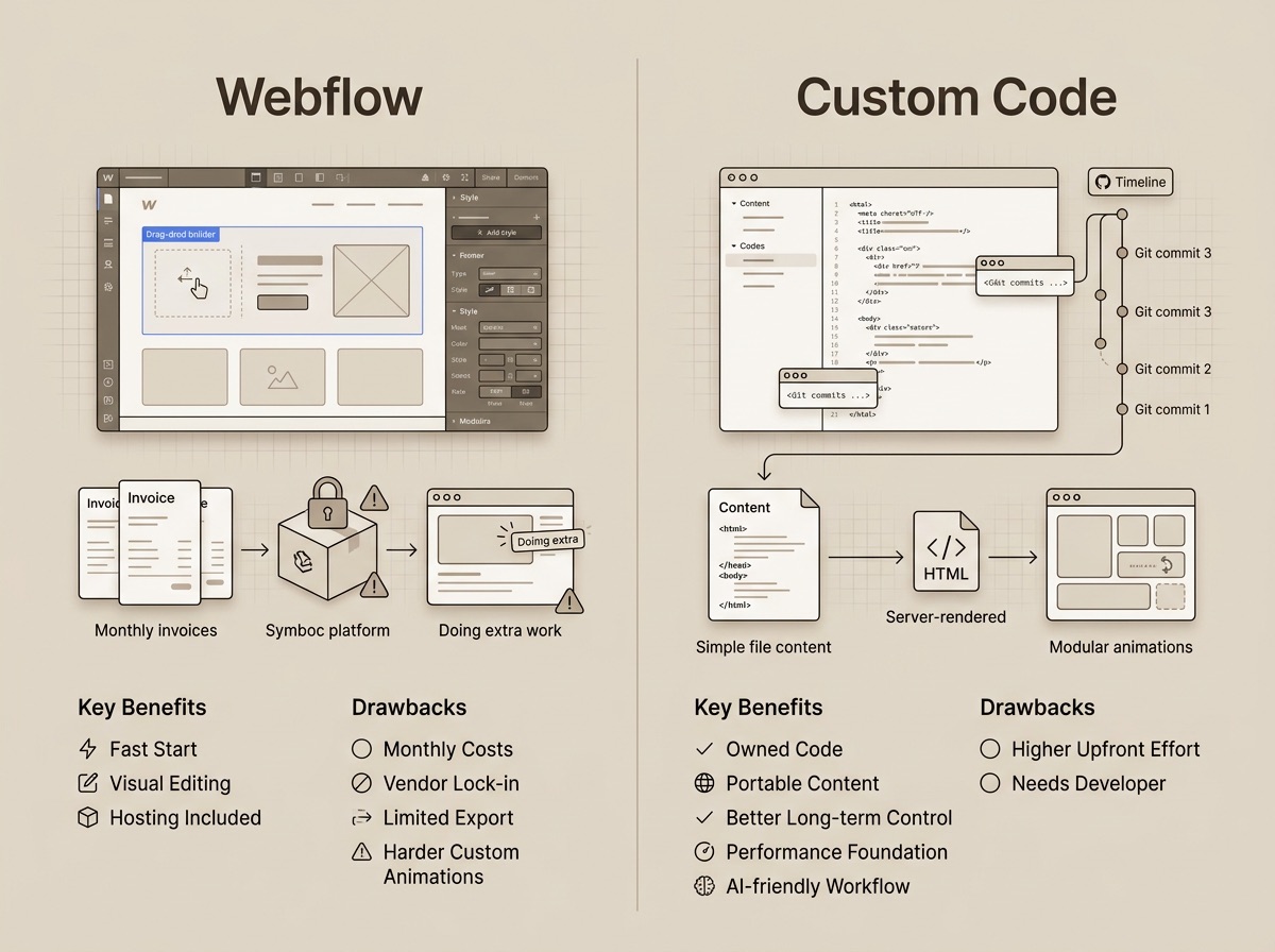 Webflow or custom code – a comparison of two fundamentally different approaches to building business websites.